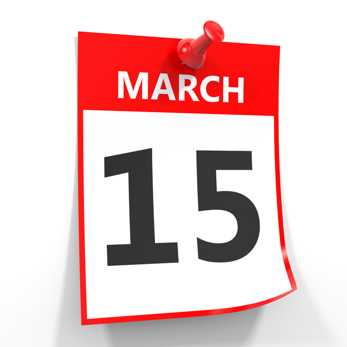 15 march calendar sheet with red pin.