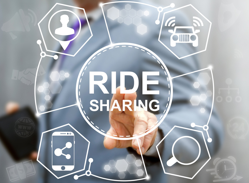 Businessman presses a button called ride sharing for pre-tax transit account.