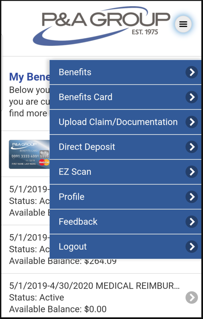 This menu shows all the account management tools at your fingertips when you log into P&A's mobile app.